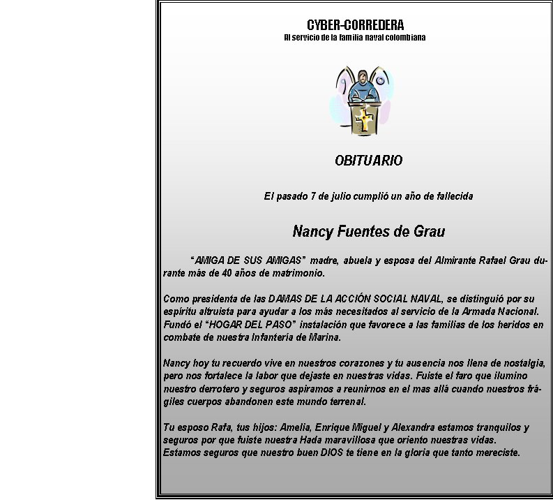 CYBER-CORREDERA
Al servicio de la familia naval colombiana












OBITUARIO


El pasado 7 de julio cumplió un año de fallecida 

Nancy Fuentes de Grau 

“AMIGA DE SUS AMIGAS” madre, abuela y esposa del Almirante Rafael Grau durante más de 40 años de matrimonio. 

Como presidenta de las DAMAS DE LA ACCIÓN SOCIAL NAVAL, se distinguió por su espíritu altruista para ayudar a los más necesitados al servicio de la Armada Nacional.
Fundó el “HOGAR DEL PASO” instalación que favorece a las familias de los heridos en combate de nuestra Infantería de Marina.

Nancy hoy tu recuerdo vive en nuestros corazones y tu ausencia nos llena de nostalgia, pero nos fortalece la labor que dejaste en nuestras vidas. Fuiste el faro que ilumino nuestro derrotero y seguros aspiramos a reunirnos en el mas allá cuando nuestros frágiles cuerpos abandonen este mundo terrenal.

Tu esposo Rafa, tus hijos: Amelia, Enrique Miguel y Alexandra estamos tranquilos y seguros por que fuiste nuestra Hada maravillosa que oriento nuestras vidas. 
Estamos seguros que nuestro buen DIOS te tiene en la gloria que tanto mereciste.