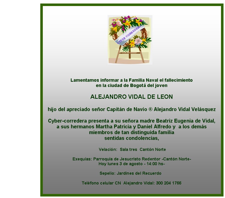 Lamentamos informar a la Familia Naval el fallecimiento 
en la ciudad de Bogotá del joven 

ALEJANDRO VIDAL DE LEON

hijo del apreciado señor Capitán de Navío ® Alejandro Vidal Velásquez 
 
Cyber-corredera presenta a su señora madre Beatriz Eugenia de Vidal,  
a sus hermanos Martha Patricia y Daniel Alfredo y  a los demás 
miembros de tan distinguida familia  
sentidas condolencias, 

 Velación:  Sala tres  Cantón Norte

Exequias: Parroquia de Jesucristo Redentor -Cantón Norte-
Hoy lunes 3 de agosto - 14:00 hs- 

Sepelio: Jardines del Recuerdo   

Teléfono celular CN  Alejandro Vidal: 300 204 1766